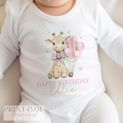 Personalised First Birthday Outfit – Giraffe Baby Birthday Clothes | Soft Cotton Sleepsuit & Vest