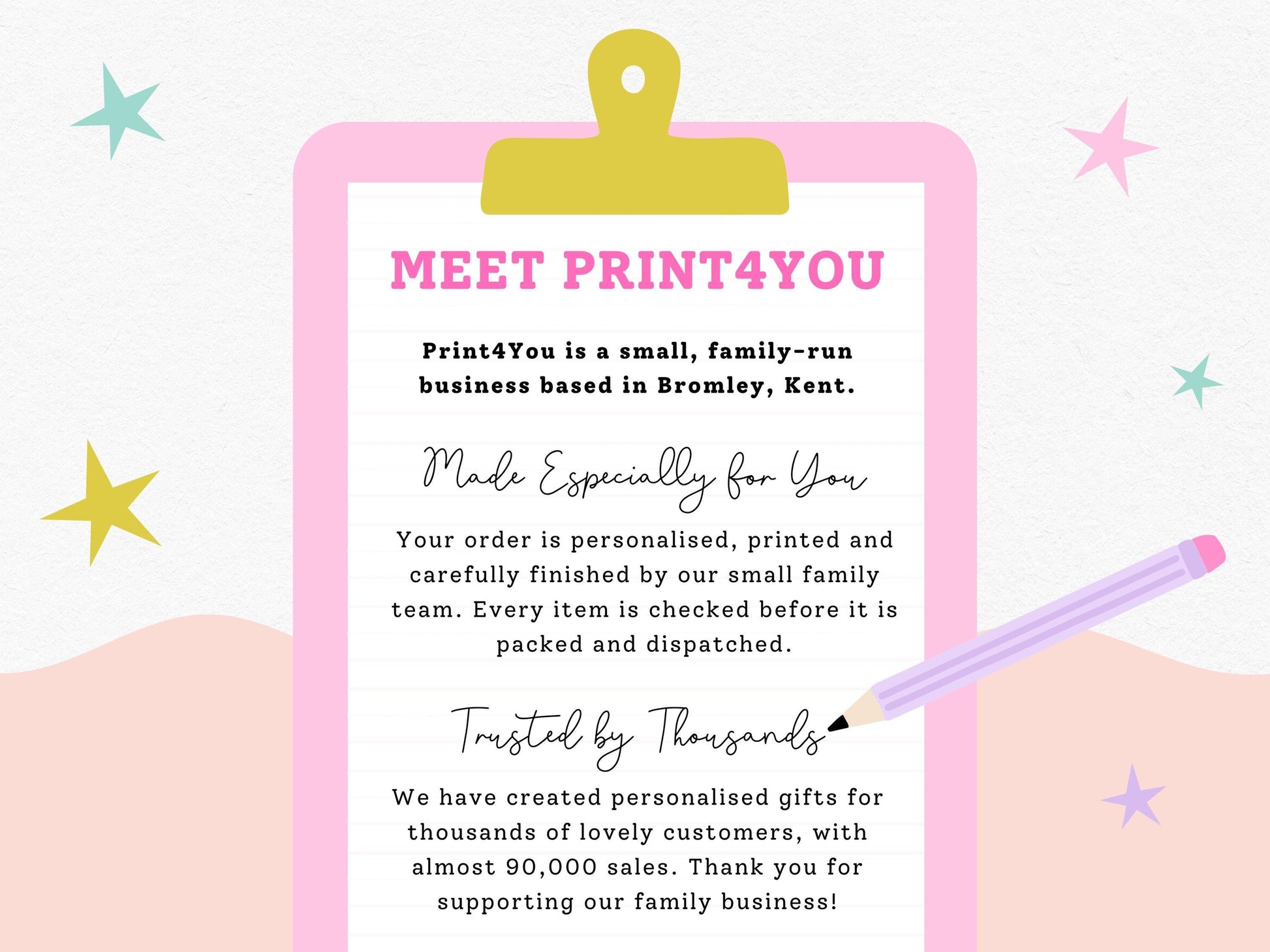 The image is a promotional poster for a small family-run business called Print4You, based in Bromley, Kent. The poster features a pink clipboard with text and a pencil, along with colorful stars in the background.