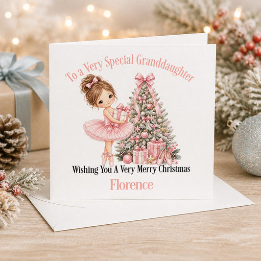 Personalised ballerina Christmas card, white 6x6 inch square card printed with a ballerina decorating a pink Christmas tree with a name