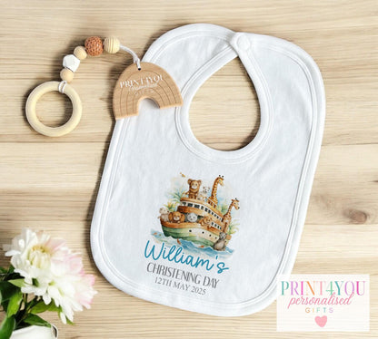 Personalised Noah's Ark christening t-shirt, printed with baby's name and date.