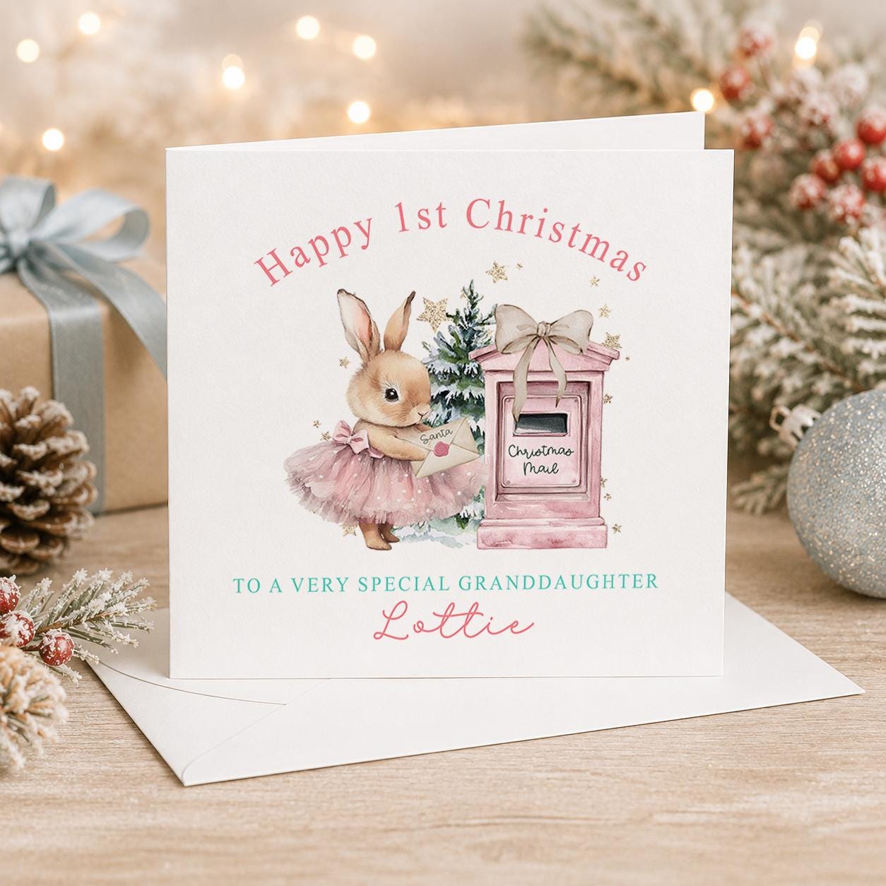 Personalised first Christmas card, white 6x6 inch square card printed with a bunny in a pink dress and a post box with Happy 1st Christmas and a name