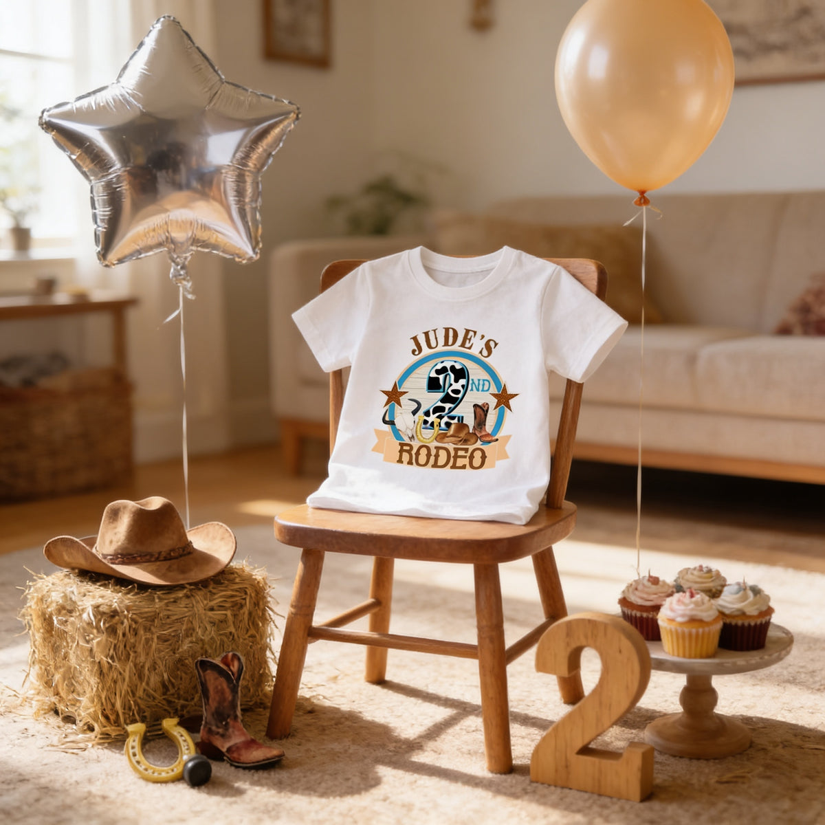 2nd birthday rodeo t-shirt laid flat showing the full cowboy design