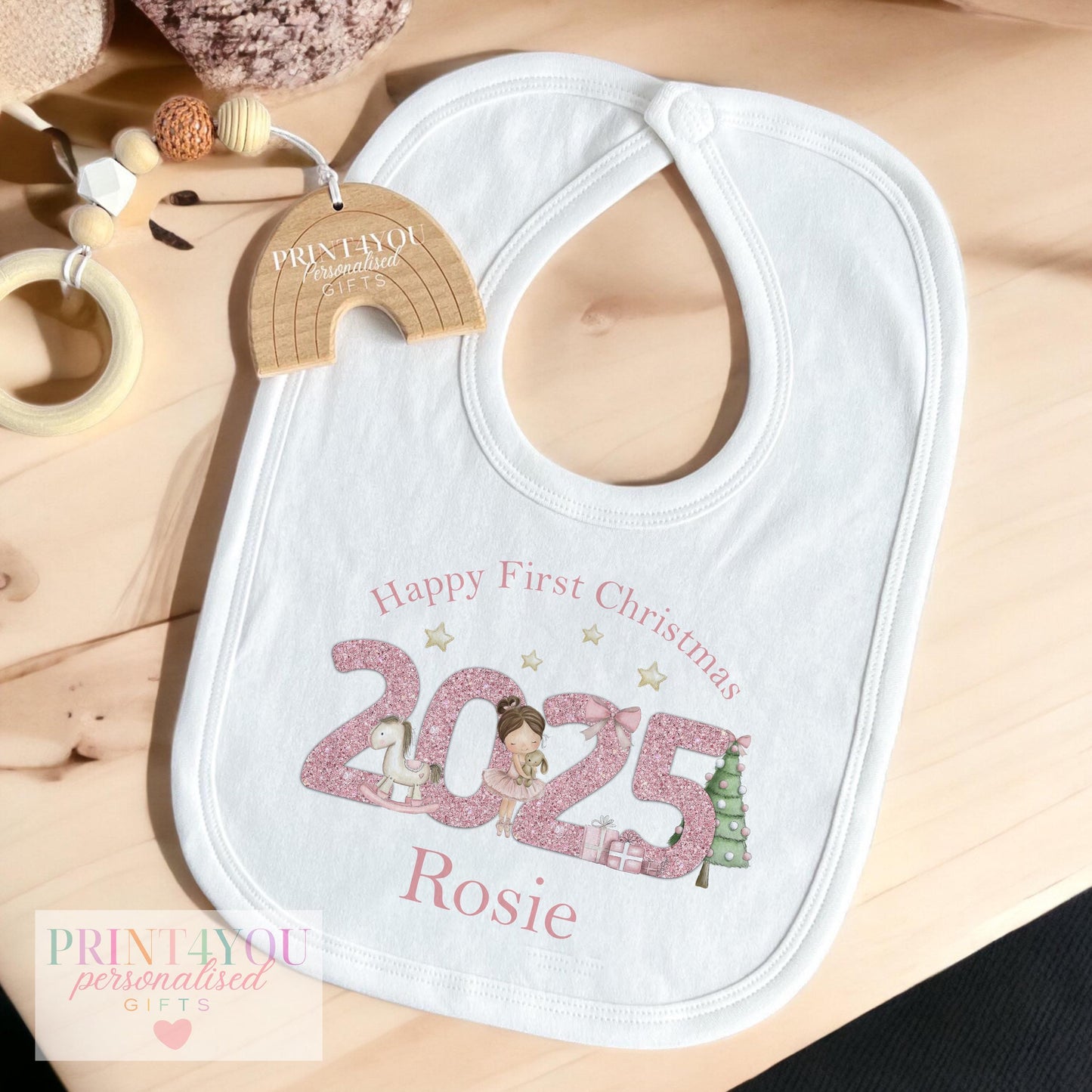 Personalised Pink Glitter Christmas Baby Sleepsuit – 2025 Ballerina Design Gift Set, Custom Name