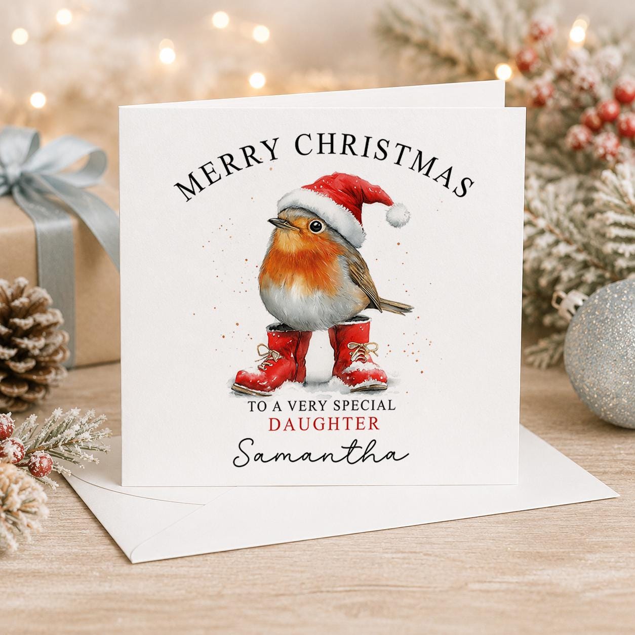 Personalised robin Christmas card, white 6x6 inch square card printed with a robin in a Santa hat and red wellies with a name
