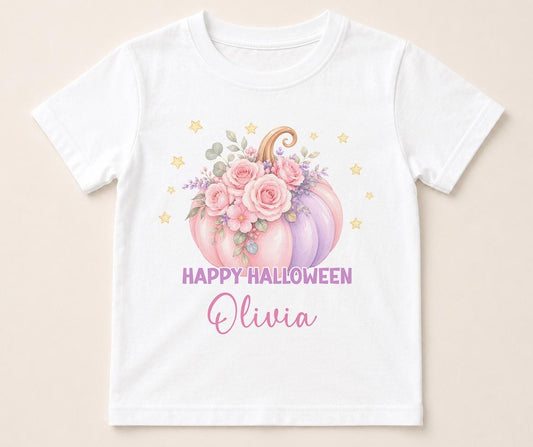 Personalised Halloween t-shirt featuring pastel floral pumpkin with pink and purple flowers and custom name on white children's Halloween shirt