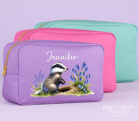 Personalised badger makeup bag with wildflower design and gold zip, front view
