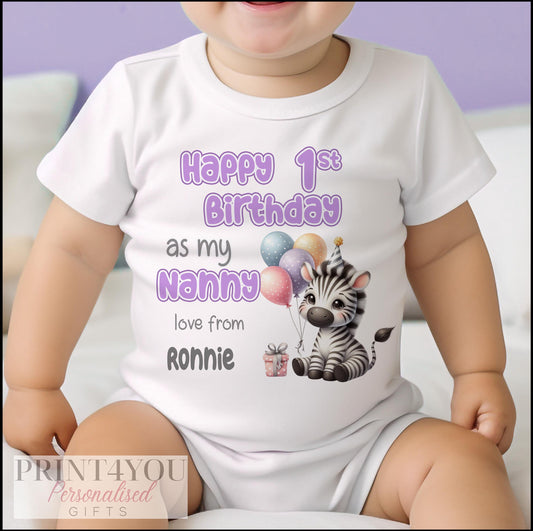 Personalised zebra 'Happy Birthday' bib, customised with your chosen relation and baby's name