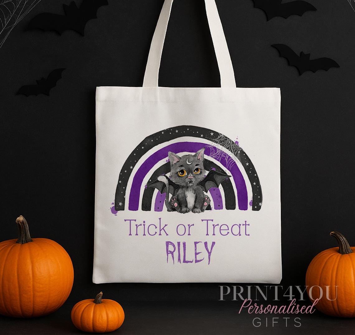 Close-up of the personalised cat and bat Halloween tote bag showing the DTG print detail and carry handles