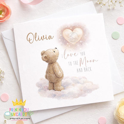 Square greeting card featuring a teddy bear design, shown personalised with a name and age