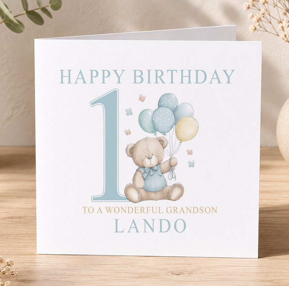 Square birthday card with a teddy bear holding balloons beside a large number 1, personalised Happy Birthday To a Wonderful Grandson Lando.