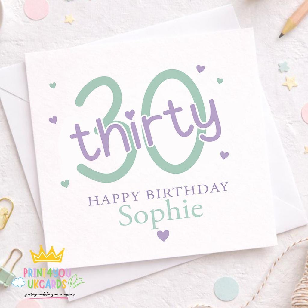 Personalised square 30th birthday card with a pink milestone design, shown with a white envelope