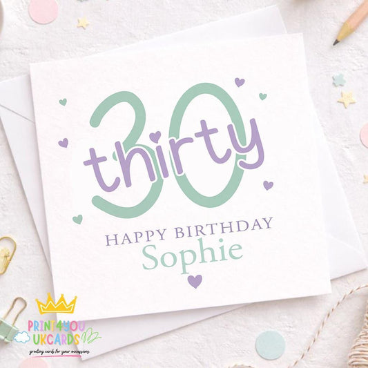 Personalised square 30th birthday card with a pink milestone design, shown with a white envelope