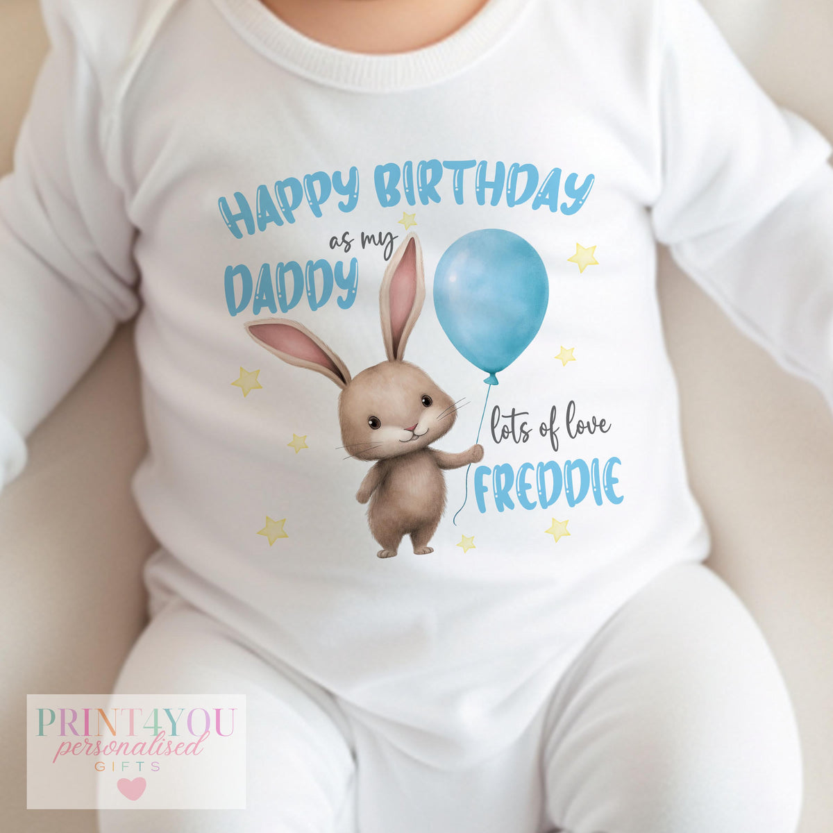 Personalised Happy Birthday bib for baby, printed with name and birthday message