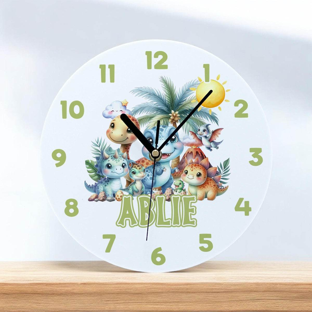 Personalised white gloss acrylic wall clock with dinosaur design, 24.5cm wide