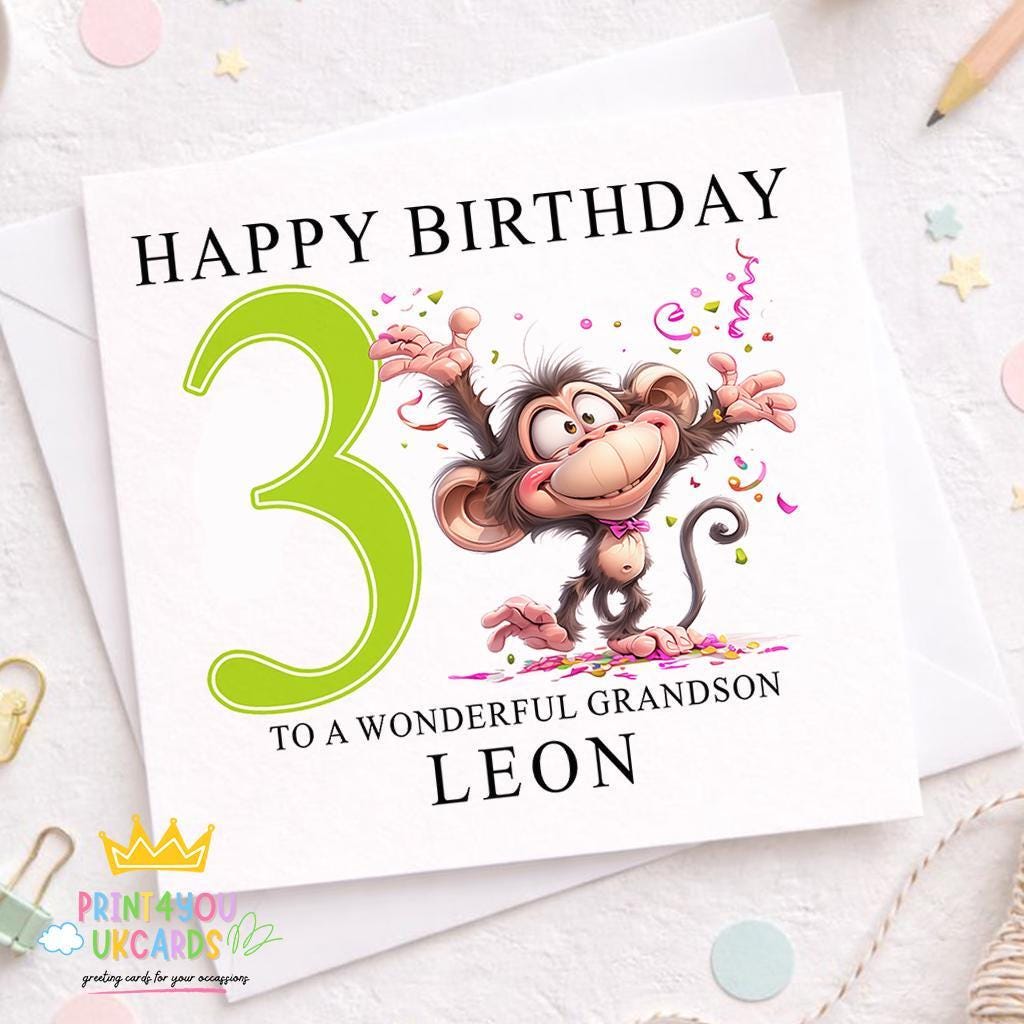 Square personalised birthday card featuring an illustrated monkey design, with space for a boy's printed name and age