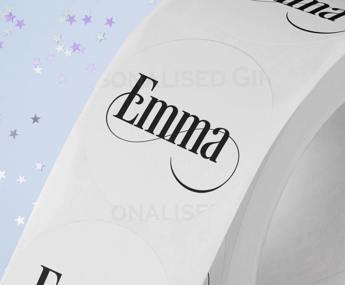 Personalised colourful festive name sticker on a strip, glossy white 5cm round gift label