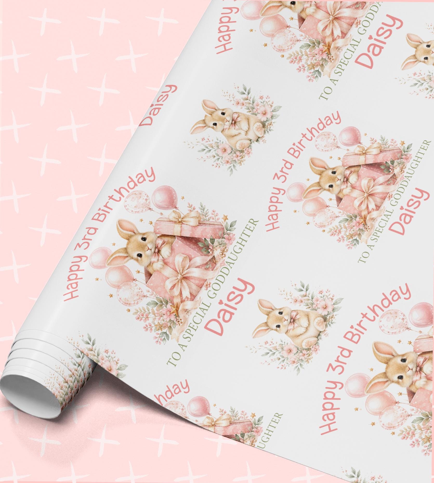 Personalised birthday wrapping paper roll with bunny rabbit, pink florals and the name Daisy