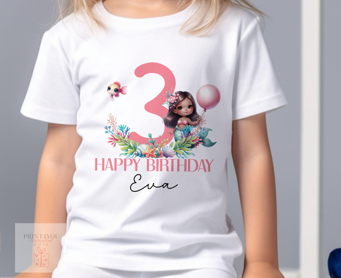 Personalised Mermaid Birthday T – Shirt ANY AGE – Cotton White Top, Any Age, Brown Skin Mermaid with a large printed number - 6-12 months