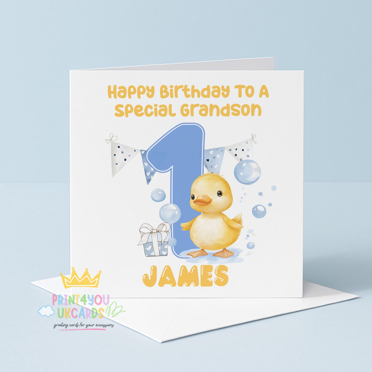 Square personalised first birthday card featuring a blue duck design on a plain background