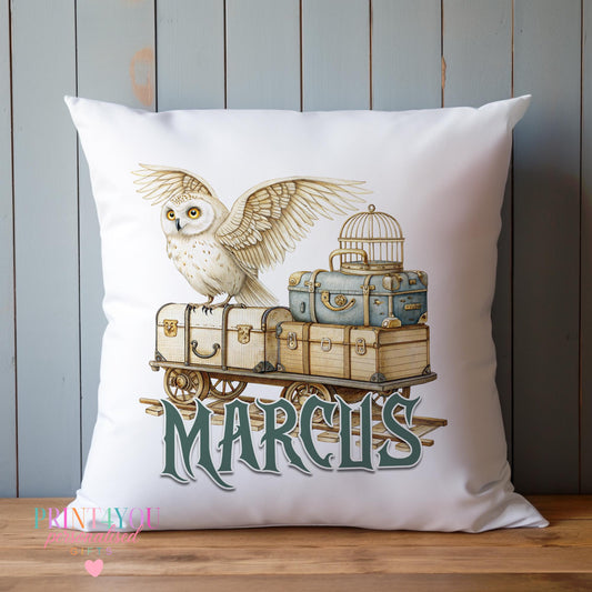 Personalised wizard owl cushion with vintage suitcase design and custom name, brushed polyester cover