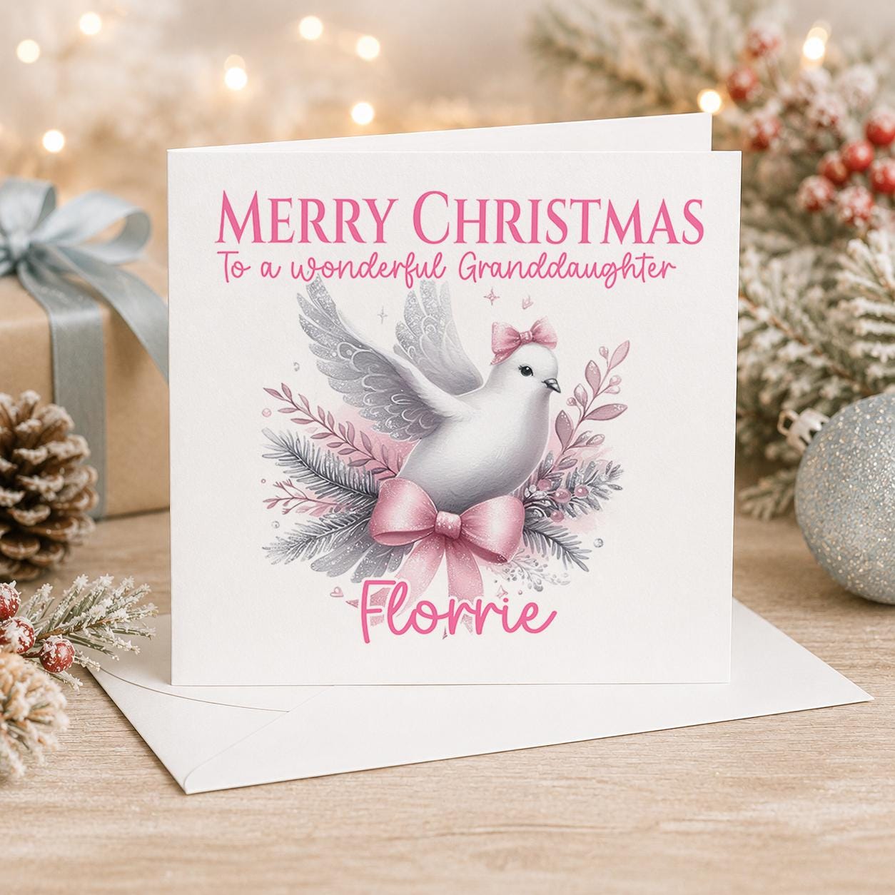 Personalised Christmas card, white 6x6 inch square card printed with a white dove on pink flowers with a pink bow and a name