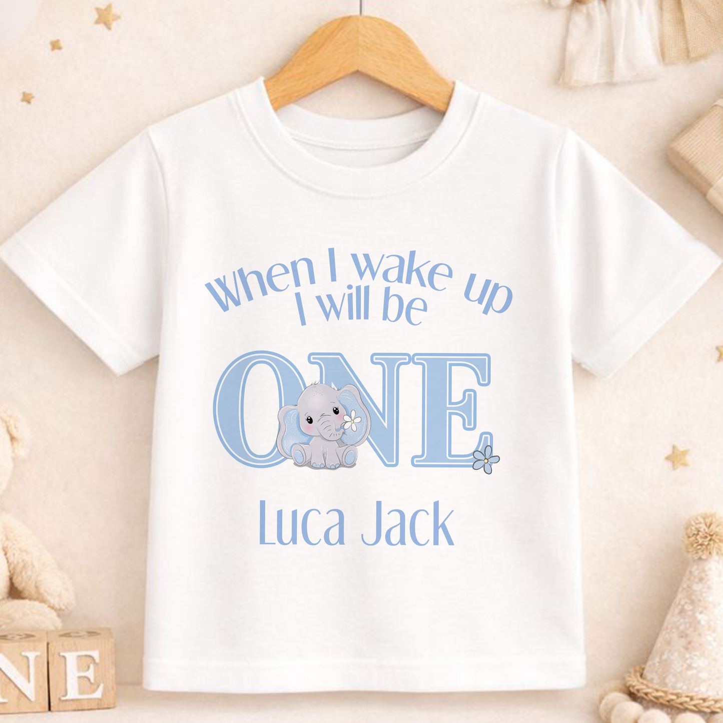 Personalised blue elephant first birthday t-shirt with the "When I Wake Up I Will Be One" design and baby's name.