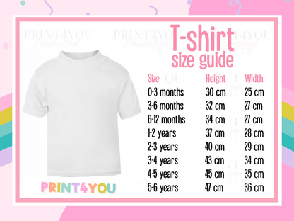 Kids t-shirt size guide showing height and width measurements for sizes 0-3 months to 5-6 years