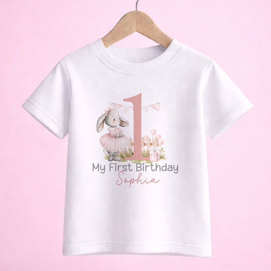 Personalised 1st birthday bunny outfit with custom name printed on soft cotton