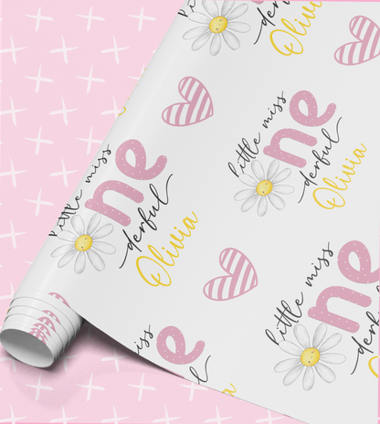 a repeating pattern of a white background with pink and yellow floral designs, hearts, and the text "little miss Olivia" written in various styles and sizes.
