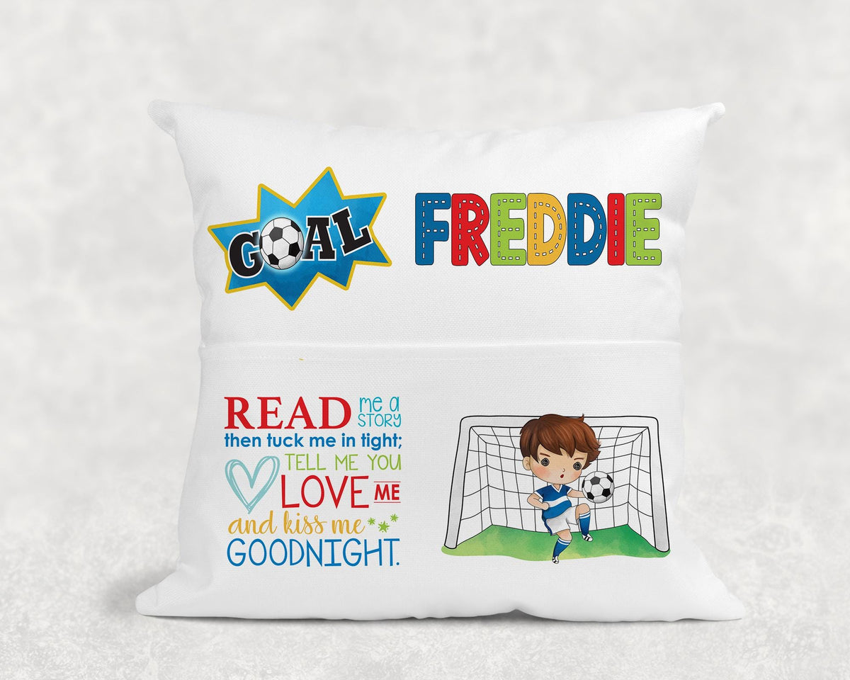 Personalised football book cushion, close-up of custom name and football print
