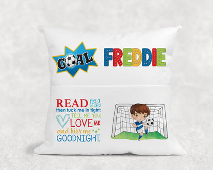 Personalised football book cushion, close-up of custom name and football print