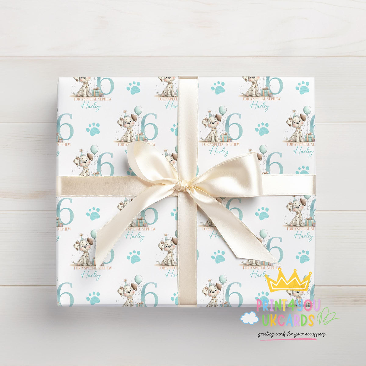 Personalised puppy wrapping paper sheet laid flat showing the full pattern