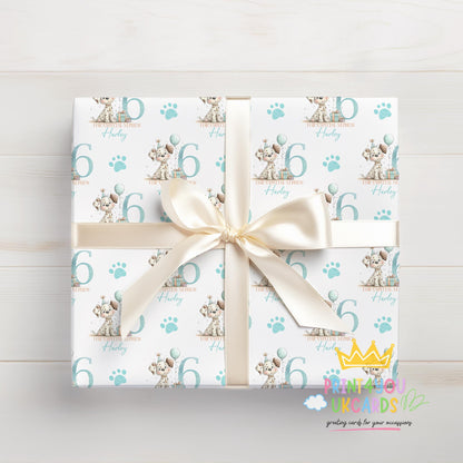 Personalised puppy wrapping paper sheet laid flat showing the full pattern