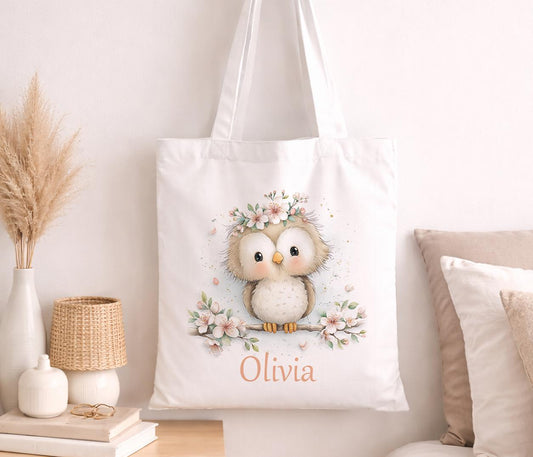 Personalised Owl Tote Bag - Custom Name Baby Floral Cotton