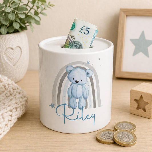Personalised teddy bear ceramic money box, savings bank for kids