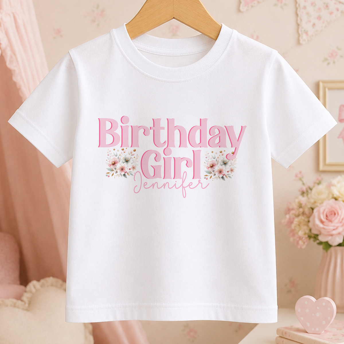 A white t-shirt with the text "Birthday Girl Jennifer" printed on it, along with floral designs.