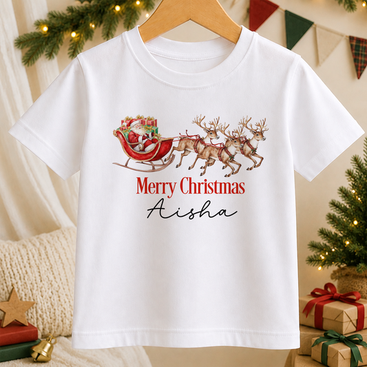 A white t-shirt with a Christmas-themed design, including a sleigh pulled by reindeer and the text "Merry Christmas Aisha" printed on it.