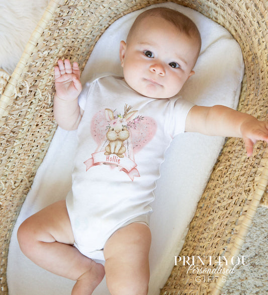 Personalised pink boho rabbit bib, printed with baby's name on soft white 100% cotton.