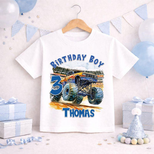 Children's clothing with the monster truck birthday shirt design