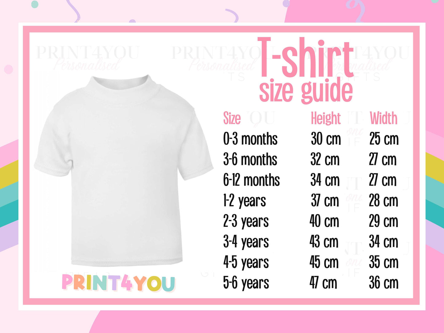 The image is a size guide for a white t-shirt, providing measurements for different age groups such as 0-3 months, 3-6 months, 6-12 months, 2-3 years, 2-4 years, 4-5 years, and 5-6 years.