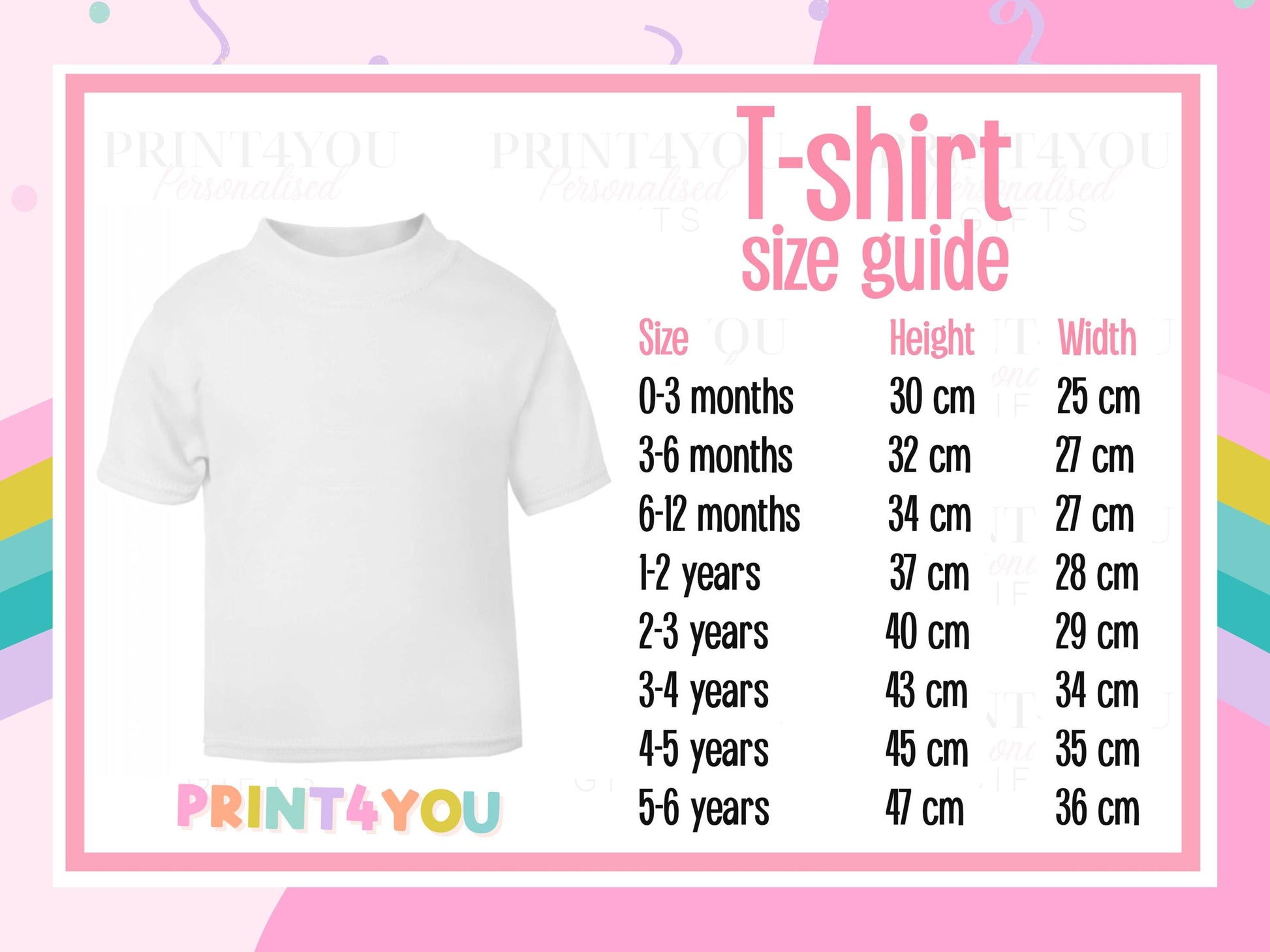 The image is a size guide for a white t-shirt, providing measurements for different age groups such as 0-3 months, 3-6 months, 6-12 months, 2-3 years, 2-4 years, 4-5 years, and 5-6 years.