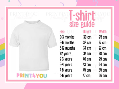 The image is a size guide for a white t-shirt, providing measurements for different age groups such as 0-3 months, 3-6 months, 6-12 months, 2-3 years, 2-4 years, 4-5 years, and 5-6 years.