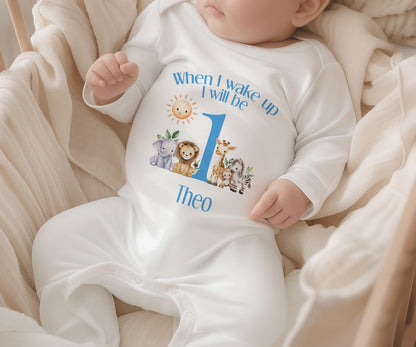 Blue striped safari garment laid flat to show the full personalised design