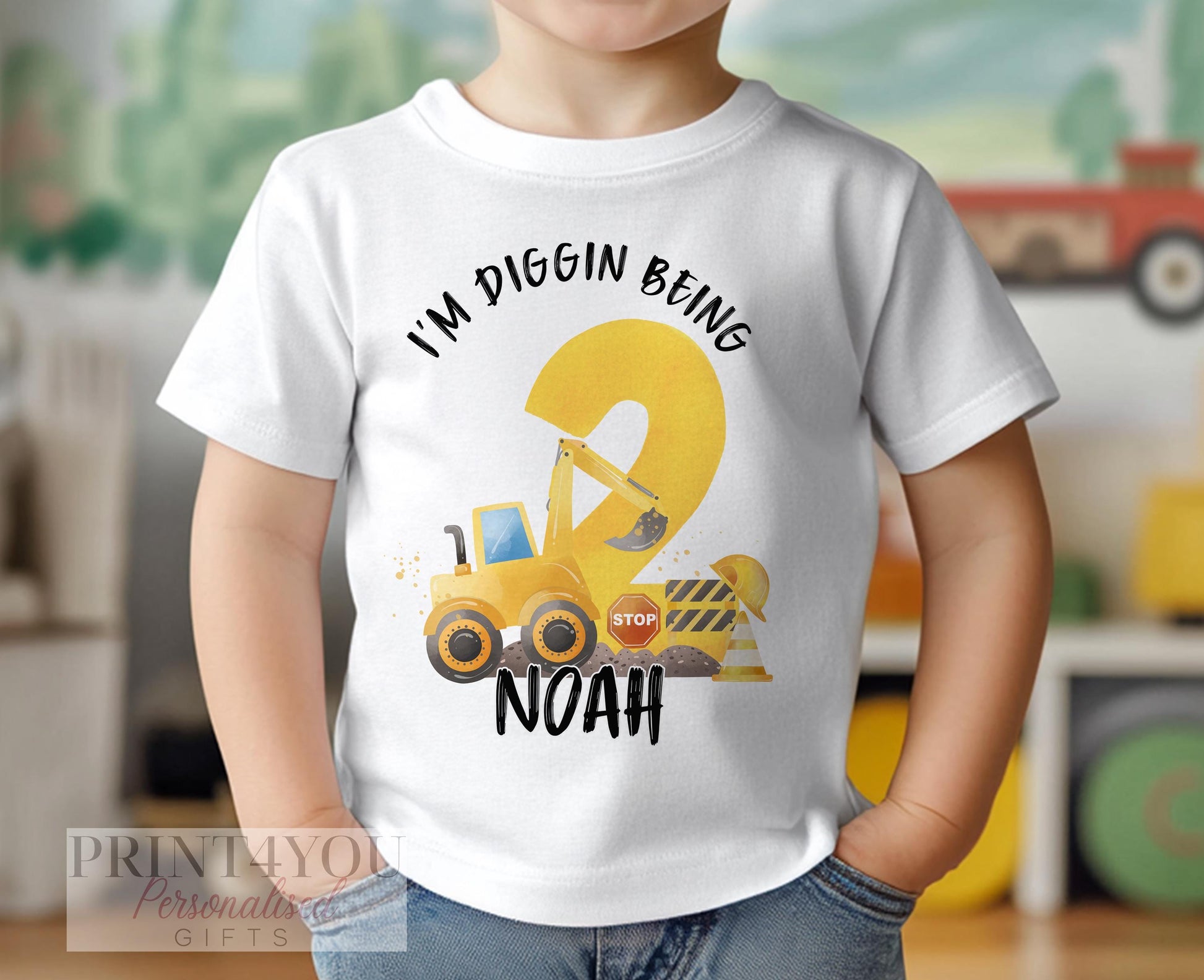 White cotton personalised construction digger birthday t-shirt with custom name and number, front view