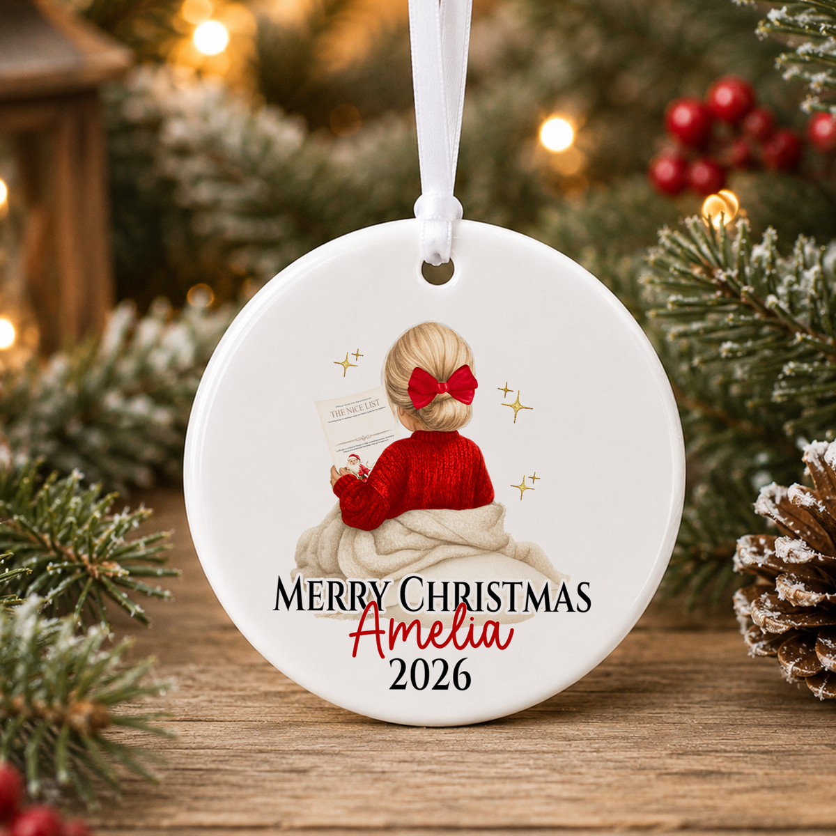 A white Christmas ornament with a picture of a young girl in a red sweater and a bow in her hair, surrounded by Christmas decorations and pine branches.
