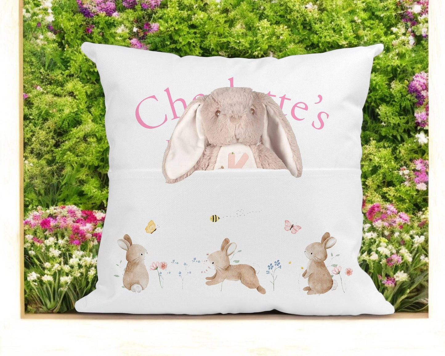 Personalised bunny cushion with soft grey velvet bunny toy included