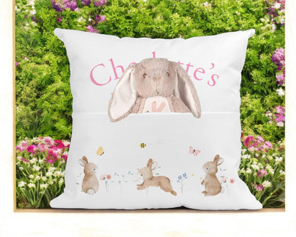 Personalised bunny cushion with soft grey velvet bunny toy included