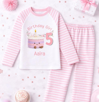Close-up of the personalised name printed on the pink stripe pyjama top