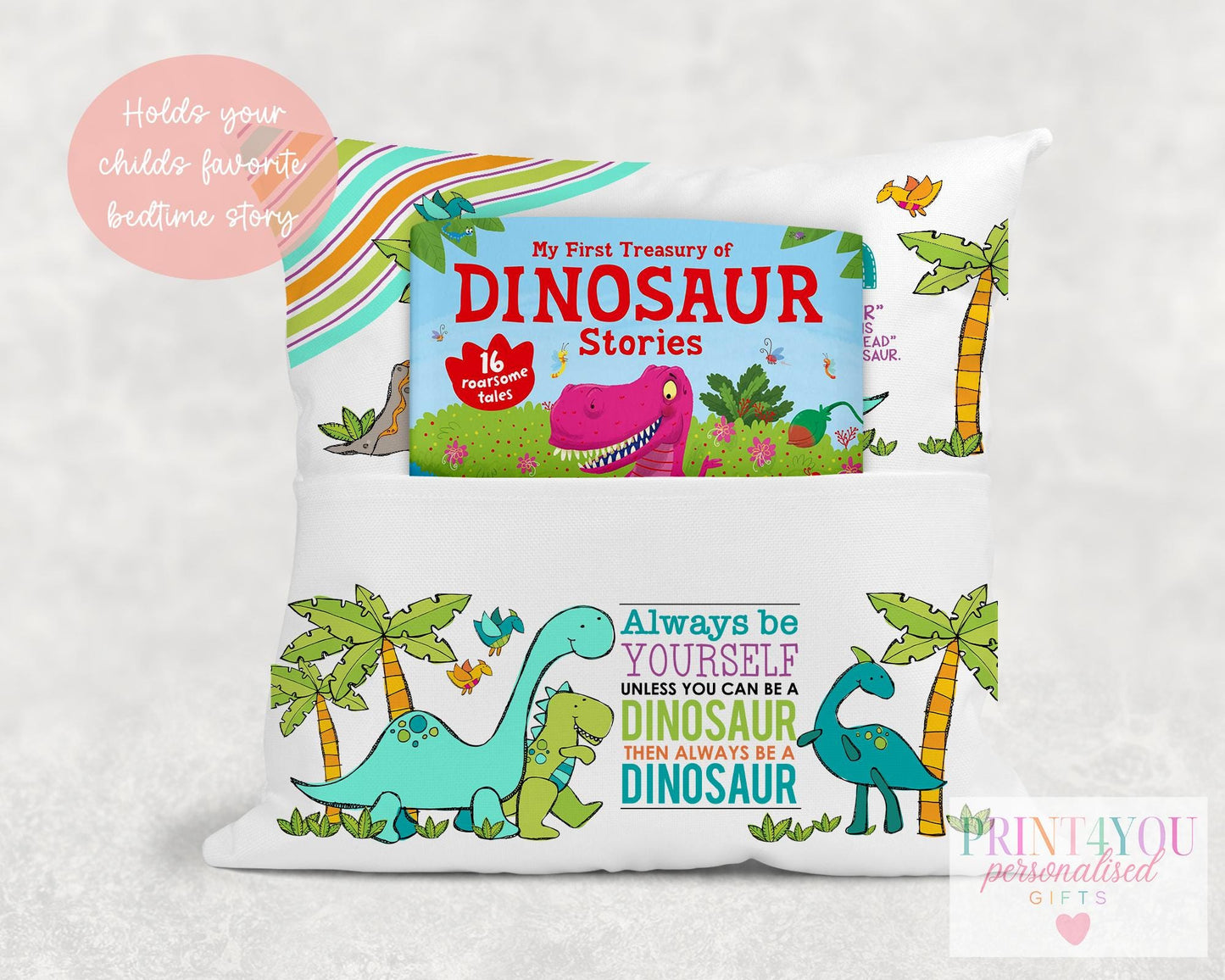 Personalised dinosaur book cushion with plush insert included