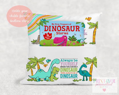Personalised dinosaur book cushion with plush insert included